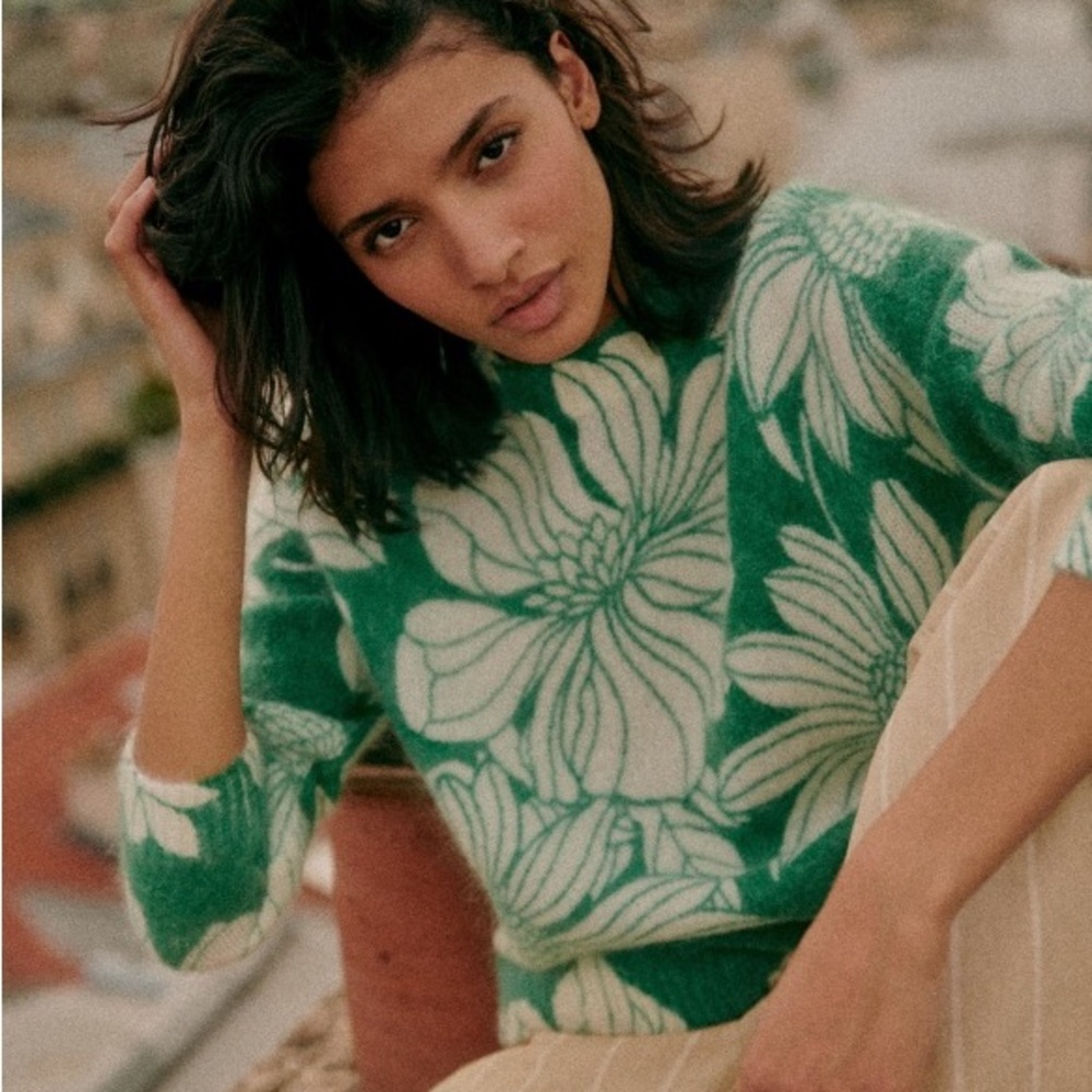 Sézane Julietta Sweater in Seventies Green Flower size S